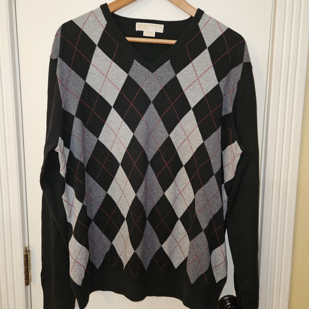 Mens Michael Kors Argyle Vneck Sweater Black Gray Red Sz  XL PreOwned Excellent